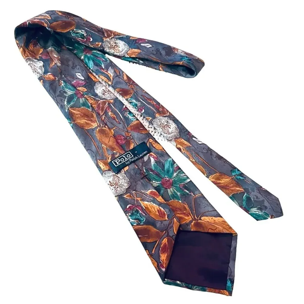 RALPH LAUREN Tie VINTAGE  Gray Floral Polo SILK EUC FAST SHIPPING 999-13